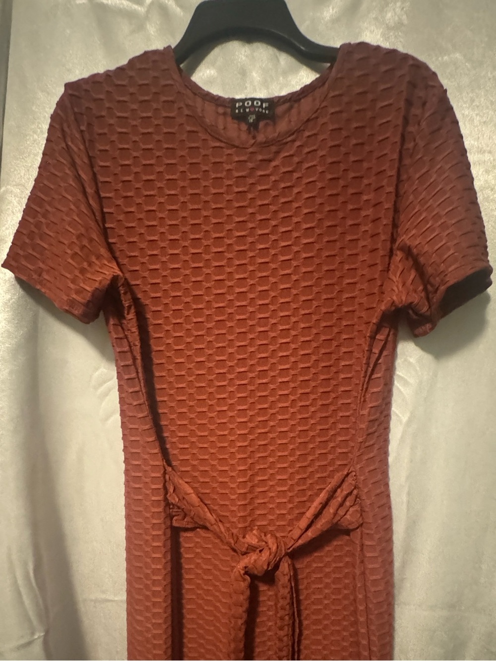 Poof! Rust colored Textured Midi Dress with Tie Waist